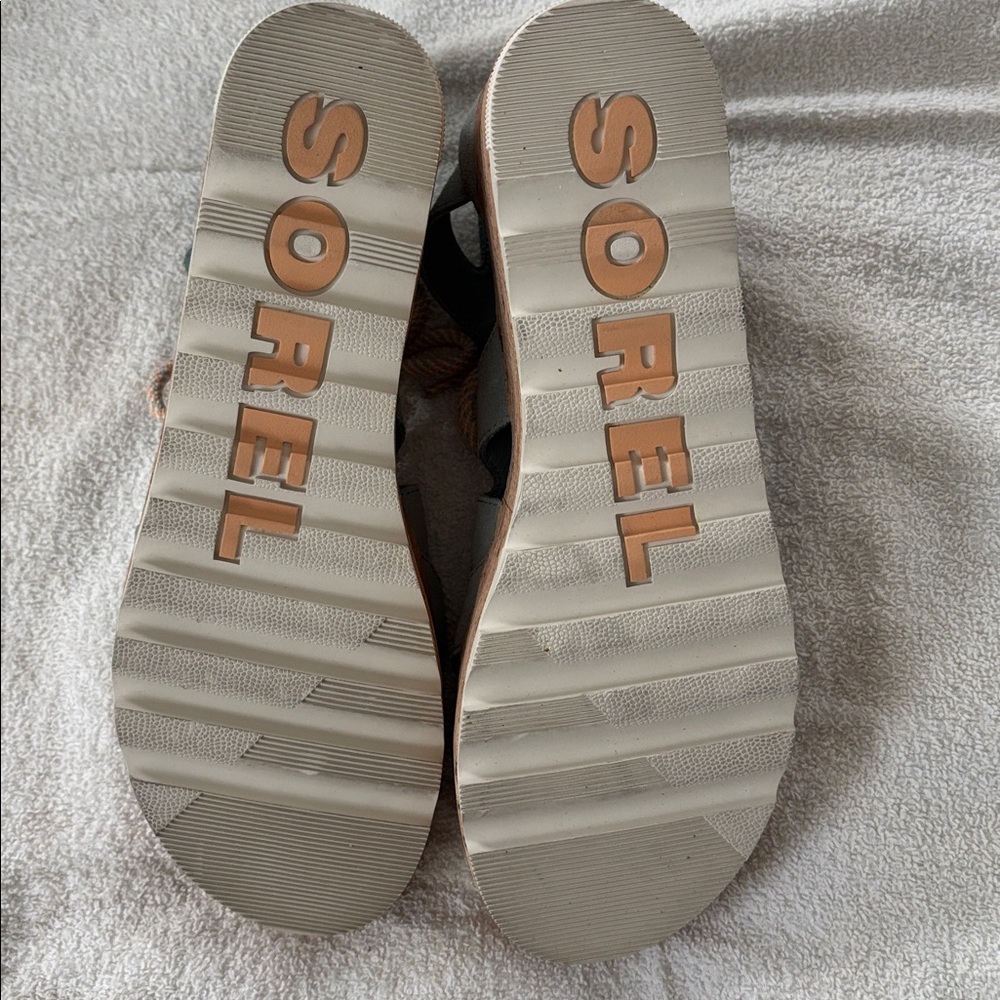 Sorel Women's Sandals in light blue with ankle strap/tie. Cork wedge 2.5” heel. - Picture 3 of 6